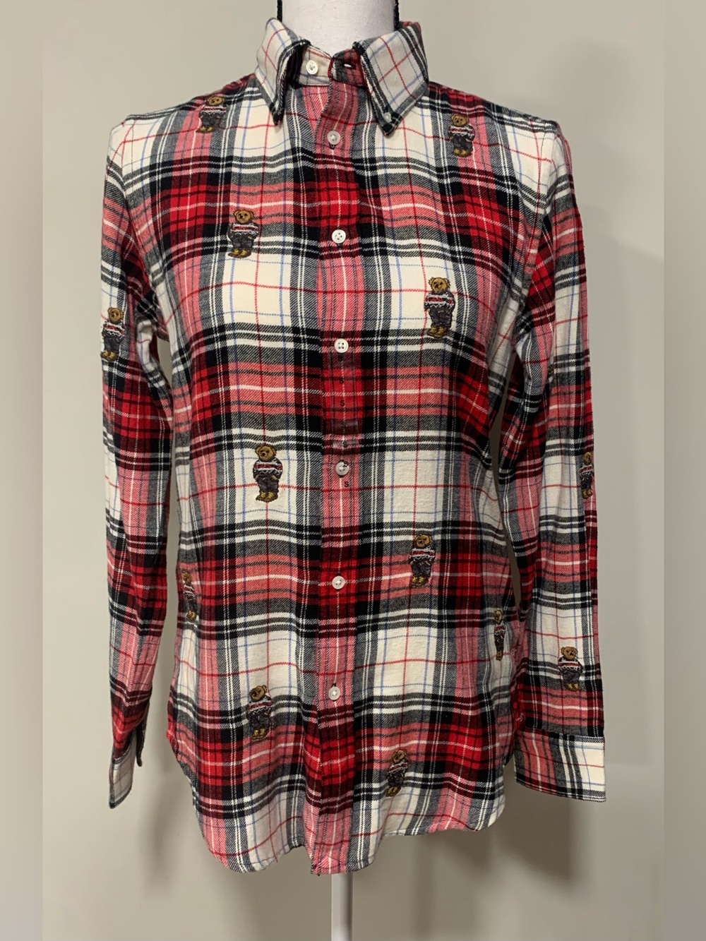Polo Ralph Lauren Plaid Embroidery Iconic Bear Over Flannel Button Up Shirt SZ S